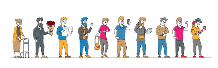 Customer Stand in Line at Grocery or Supermarket Queue with Goods. People Shopping Holding Smartphones in Hands