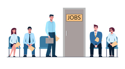 Queue for an interview. Business people want to get a job. Unemployment, crisis, job search. Vector illustration, flat isolated