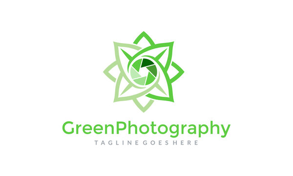 Green Photography Logo - Leaf and Camera Lens Icon Design - Nature Photograph Vector Illustration