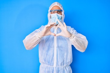 Young hispanic man wearing doctor coronavirus protection uniform smiling in love showing heart symbol and shape with hands. romantic concept.