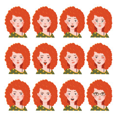 Set of Ginger and Brown Eyed Women Portraits with Twelve Different Emotions; Idle, Smiling, Crying, Sad, Angry, Blink, Happy, Surprised, Kinky, with Glasses, etc