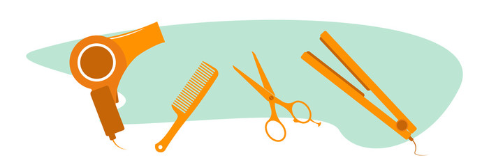 Hairdryer, scissors, comb and hair straightener, set for hairdresser.