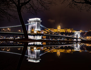 Reflection of Budapest Chain Bridge and Buda Castle