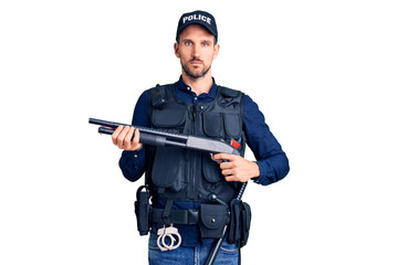 Young handsome man wearing police uniform holding shotgun thinking attitude and sober expression looking self confident