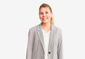 Young beautiful blonde woman wearing elegant jacket with a happy and cool smile on face. lucky...