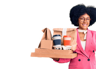 Young african american girl wearing business clothes holding delivery food smiling happy and positive, thumb up doing excellent and approval sign