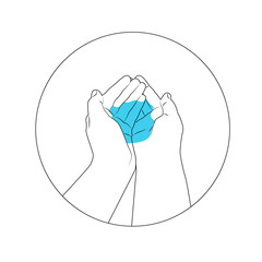 Wash your hands under the tap. Detail hygiene concept. Holds water in his hands. Line drawing.