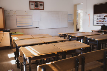 Tables and desks in empty non-student classroom