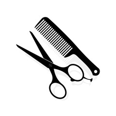 Black comb and scissors on a white background. Icon for hairdresser.