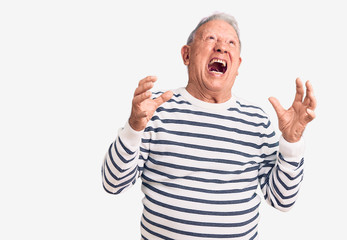 Senior handsome grey-haired man wearing casual striped sweater crazy and mad shouting and yelling with aggressive expression and arms raised. frustration concept.