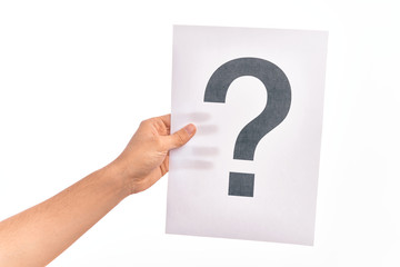 Hand of caucasian young man holding paper showing question mark over isolated white background