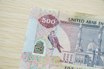 Closeup of UAE 500 dirhams currency notes, paper money