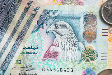 Closeup of UAE 500 dirhams currency notes amongst othet notes, paper money