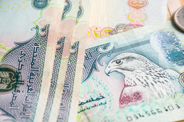 Closeup of UAE 500 dirhams currency notes amongst othet notes, paper money