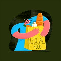 Vector flat illustration young happy man holding bag of purchased local food. Concept farm, natural, local products. It can be used in web design, banners, landing pages, etc.