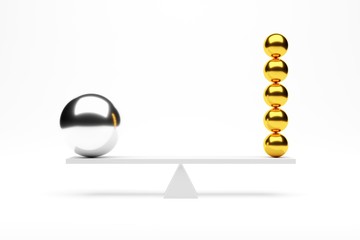 Many smaller golden and single silver chrome spheres in equilibrium on seesaw over white background, stability, business team or teamwork concept
