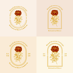 Vector feminine logo design in trendy linear minimal style. Rose flower elements. Symbol, emblem, and icons for wedding, invitation, monogram, cosmetics, jewellery, or beauty products