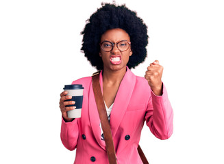 Young african american woman wearing leather bag and drinking a take away cup of coffee annoyed and frustrated shouting with anger, yelling crazy with anger and hand raised