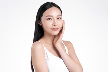 Beautiful Young asian Woman with Clean Fresh Skin, on white background, Face care, Facial treatment, Cosmetology, beauty and spa, Asian women portrait