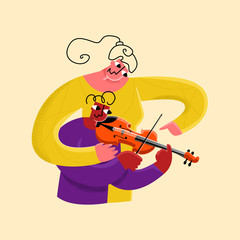 Vector flat illustration little girl playing violin, she is helped by teacher. Concept children s music schools, art, development.