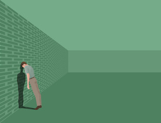 Obraz premium A young man leans his head against the wall in a green room in this illustration about depression. Copy space available.