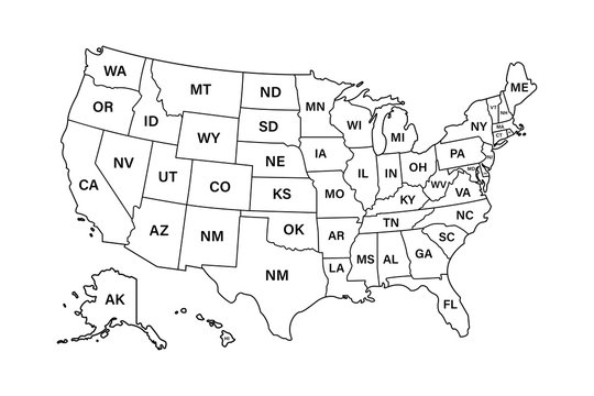 USA map states. Vector line design. High detailed USA map. Labeled with postal abbreviatations. Stock vector.