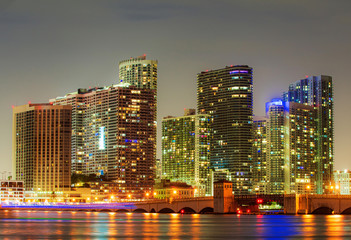 Miami city night. Downtown Miami skyline at dusk, Florida.