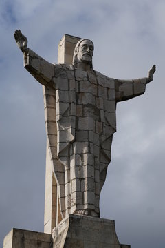 Statue of Christ on Monte Naranco.Oviedo, Asturias.Spain. Aerial Drone Photo