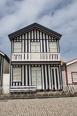 Typical wooden striped houses Costa Nova, Aveiro, Portugal