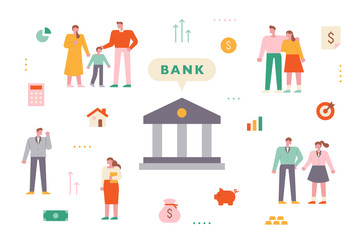 Obraz na płótnie Canvas People of various configurations stand around the bank icon. flat design style minimal vector illustration.