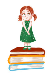 illustration of a cute redhead girl standing on a pile of books