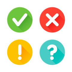 Vector check mark exclamation mark, question mark icons set. Flat icons for web and mobile applications.