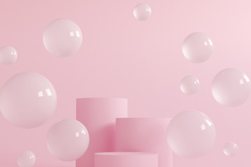 Abstract minimal scene with geometrical forms. Cylinder podiums in cream pink colors. Abstract background. Scene to show cosmetic podructs. Showcase, display case. 3d render.