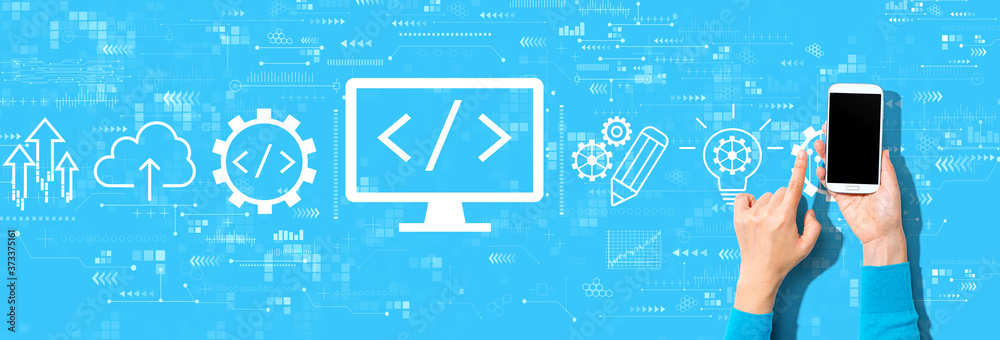Wall mural web development concept with person using a smartphone on a blue background