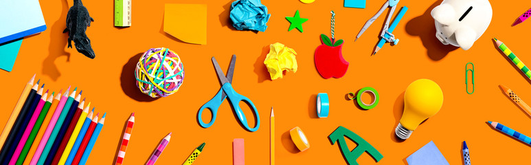 Collection of school supplies overhead view - flat lay