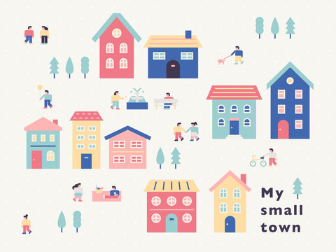 Small town. Cute houses and local people are on the street. flat design style minimal vector illustration.