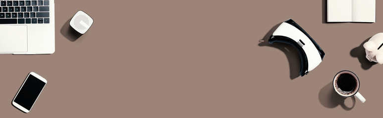 Electronic gadgets and office supplies - flat lay