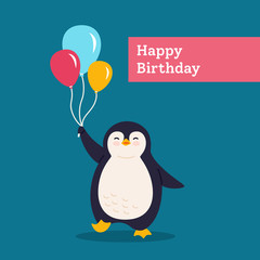 Birthday card penguin with balloon. Holidays postcard cartoon flat greeting. Funny happy abstract animal character. Cute hand drawn penguin, surprise banner for kids. Isolated vector illustration