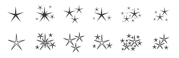 Silhouette and line icon set. Empty contour decorative twinkle sparkle lights star. Original elegant glowing light effect. Template of element shape confetti. Isolated on white vector illustration