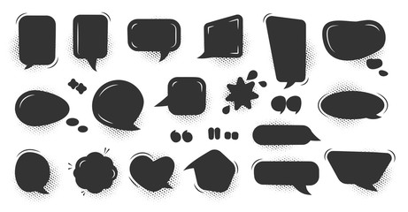 Comic speech bubble black set. Glyph silhouette empty text banner with halftone dot shadow Abstract icon blank bubbles. Comics graphic balloon template for design message Isolated vector illustration