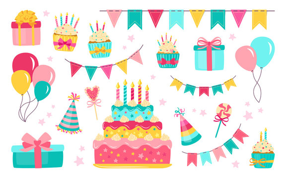 Birthday elements set. Colorful balloons celebration food and candy. Cartoon present cake, candle, gift box, cupcake. Party flat design elements, balloons, sweets dessert. Isolated vector illustration