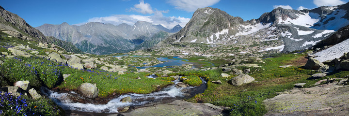 Amazing mountain valley, extra wide panorama, Altai