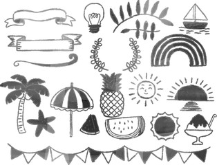 Summer hand drawn material set using Monochrome color watercolor texture
