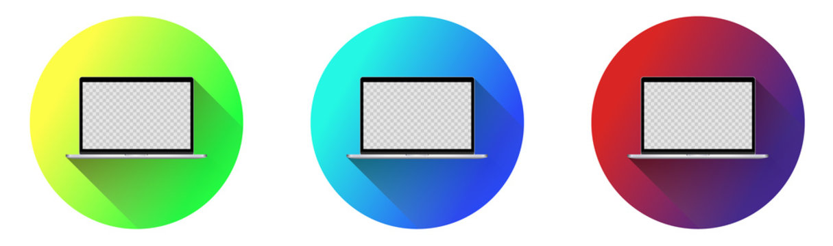 Set of 3 vector laptops, within gradient circles, with fading long shadow. TRANSPARENT hole in the laptop screen, for image.