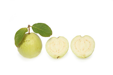 Raw guava and slice of guava on white background
