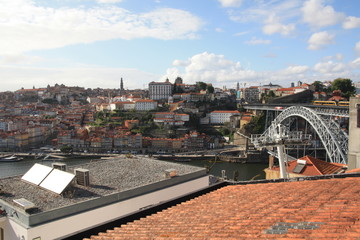 View on ancient city Porto,metallic Dom Luis bridge, Ribeira, Porto, Portugal