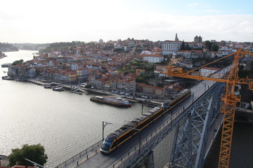 View on ancient city Porto,metallic Dom Luis bridge, Ribeira, Porto, Portugal