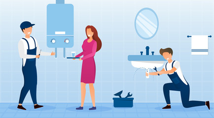 Housewife with emergency plumbing service as two plumbers fix a bathroom sink and geyser, colored vector illustration