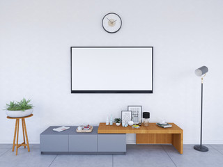 Interior Living Room and Television Mockup. 3D Illustration, 3D rendering.