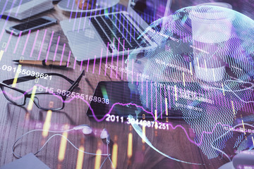Double exposure of forex chart drawing and cell phone background. Concept of financial trading